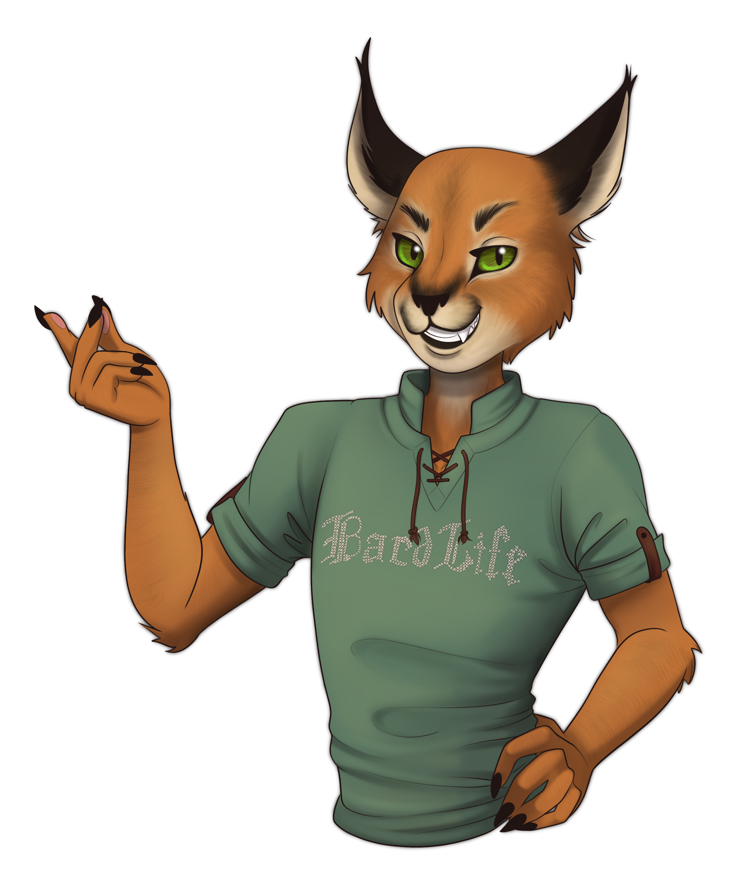 The fictional character Yarnsworth, a cat-man, grins in a shirt that reads 'bard life.'